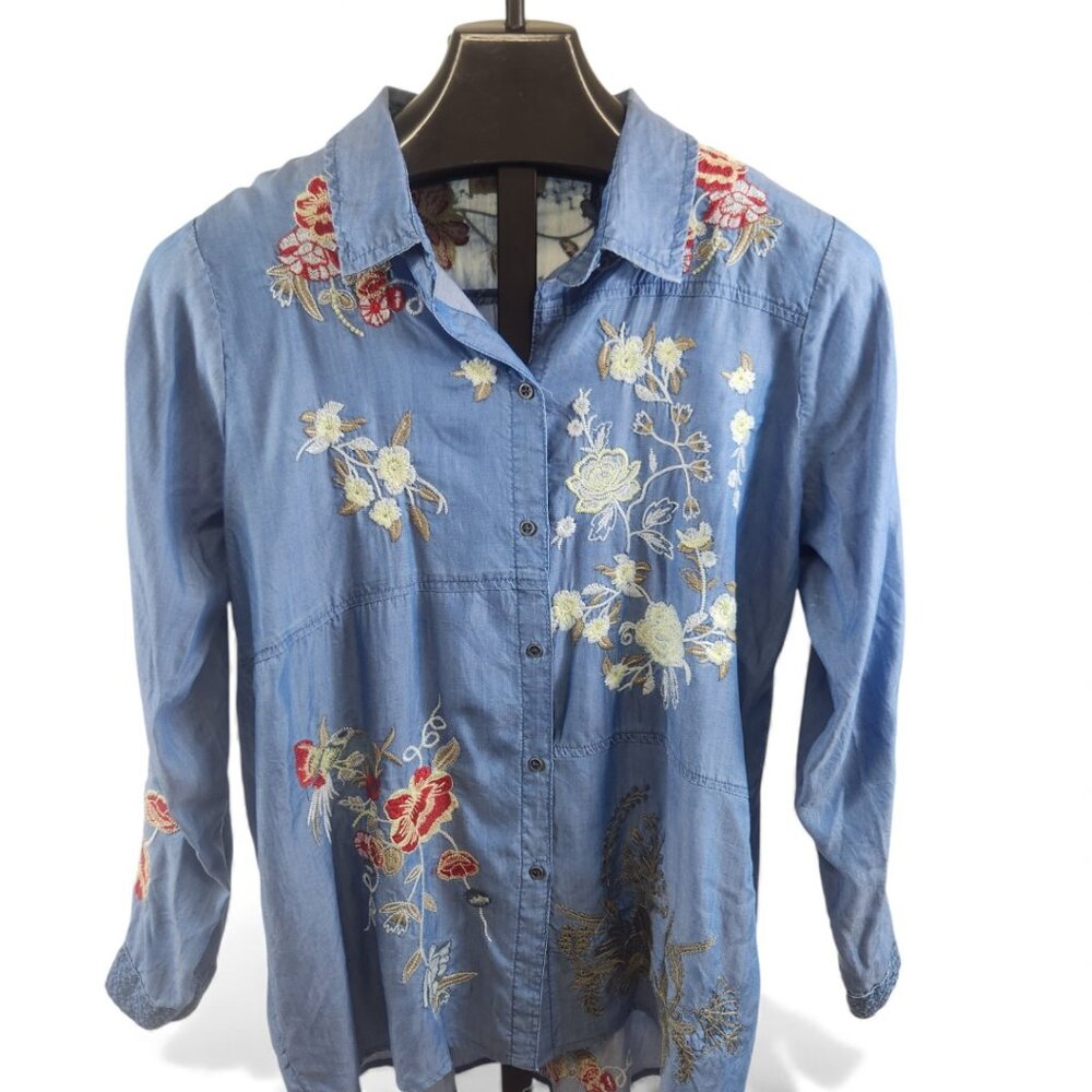 EVC All About Her Embroidered Blue Button Down Shirt